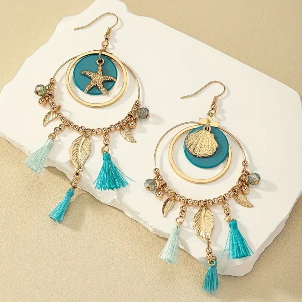 🐚⭐️Nautical Teal& GoldTone Shell and Starfish Hook drop circle tassel Earrings